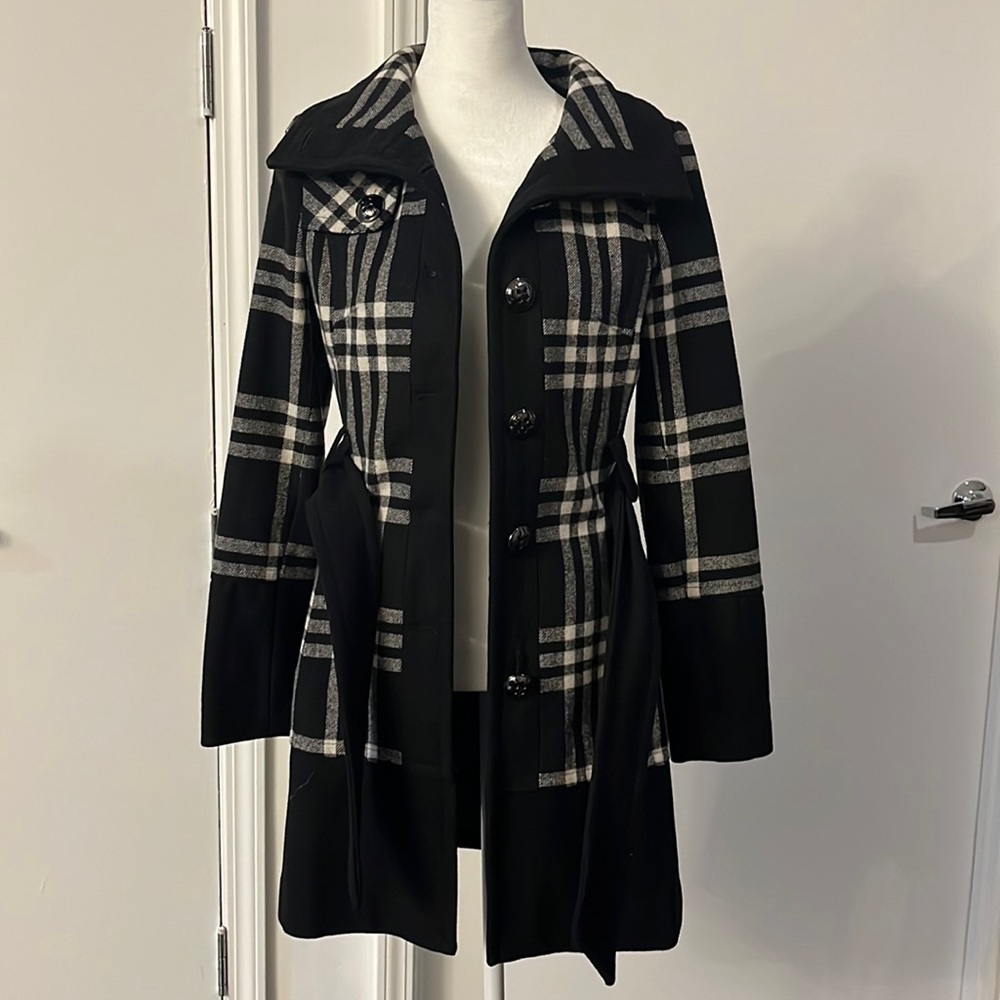 Black Rivet Black and White Checkers Wool Coat